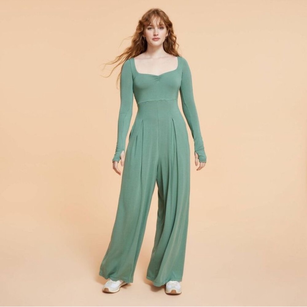 Blogilates Sweetheart Wide-Leg Jumpsuit Size Large in Olive Green